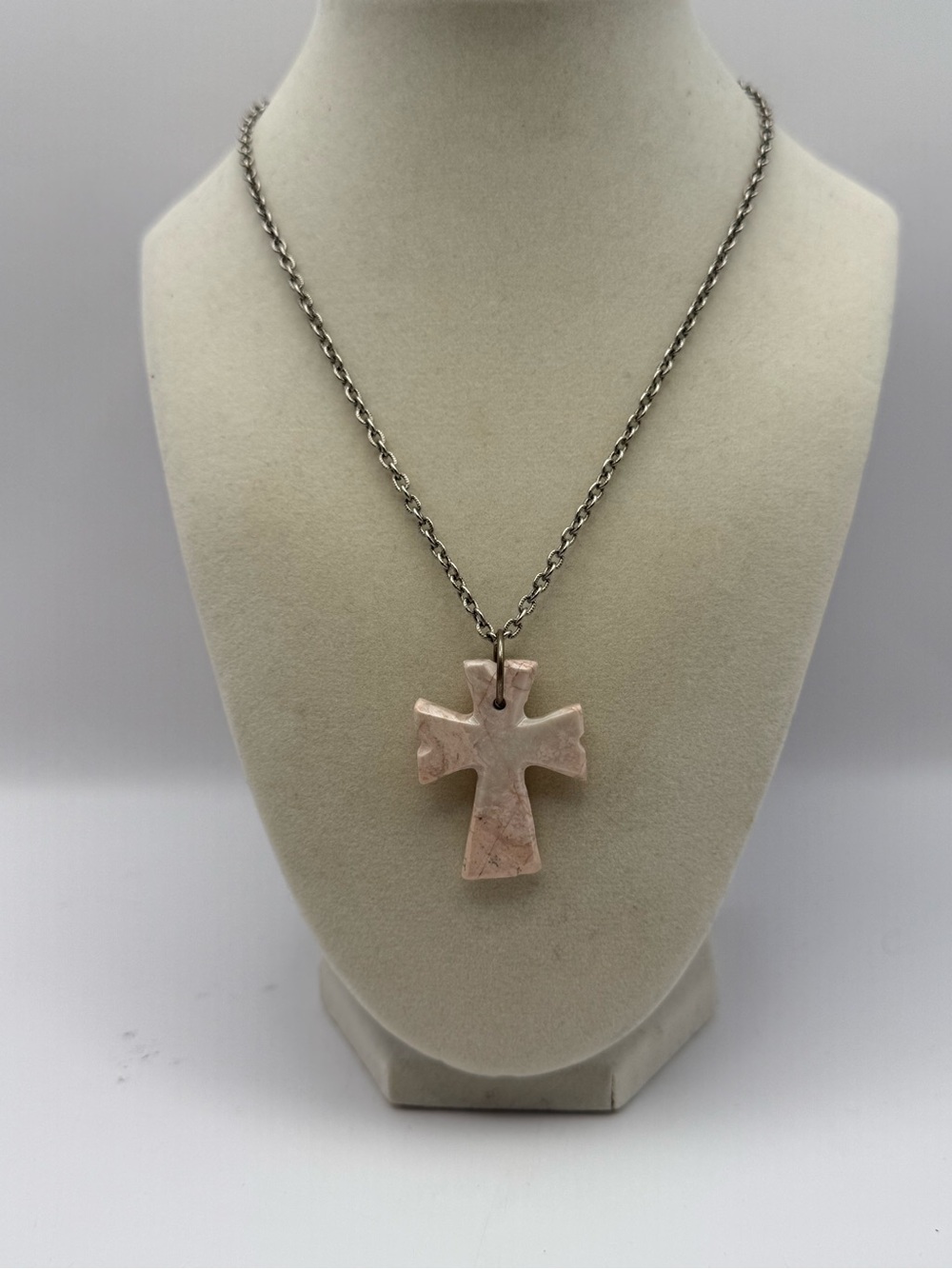 Pink Natural Stone Cross Pendant Necklace Silver Tone Textured Chain